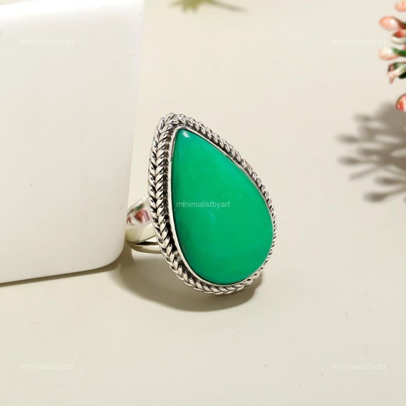 Chrysoprase Pear Ring: Green Gemstone, 925 Sterling Silver
