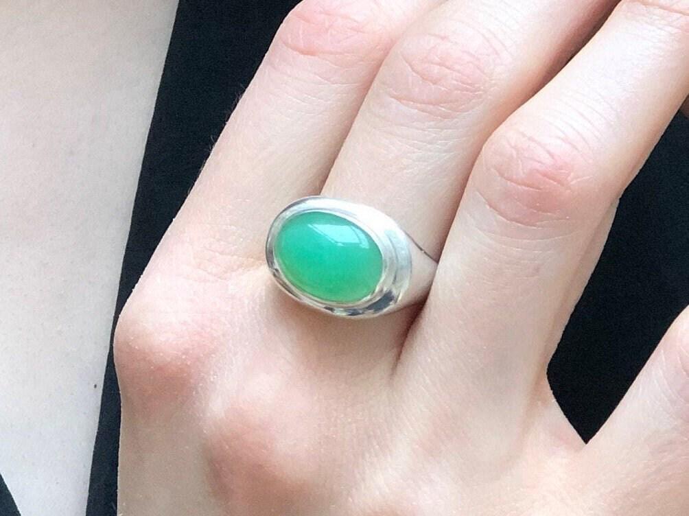 Chrysoprase Ring, Real Chrysoprase, Green Vintage Ring, Oval Statement Ring, Wide Band Ring, Chunky Silver Ring, Rare By Adina