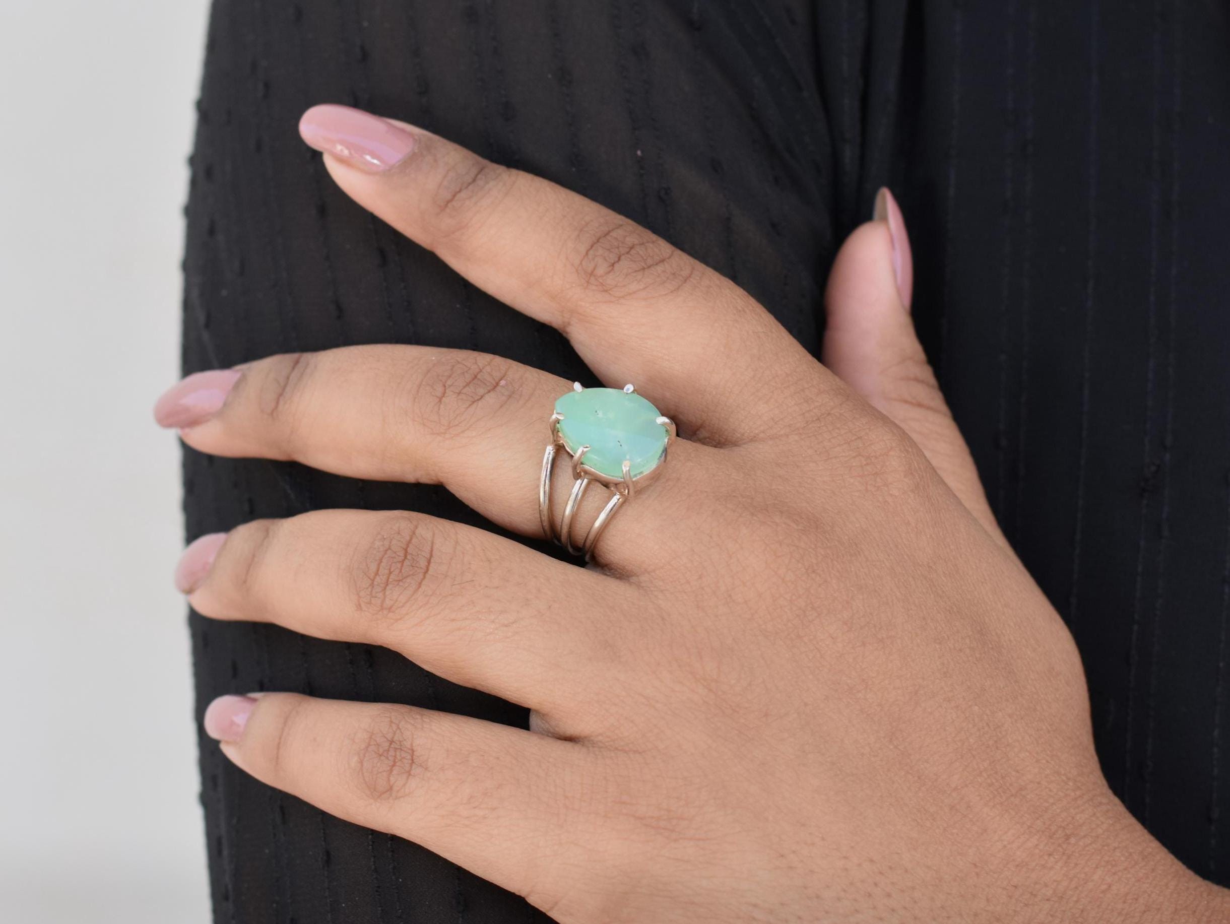 Chrysoprase Silver Ring, Sterling Silver Jewelry For New Year Gifts, Pear Stone, Natural Gemstone, Multi Band Ring, Prong Set Ring, Dainty