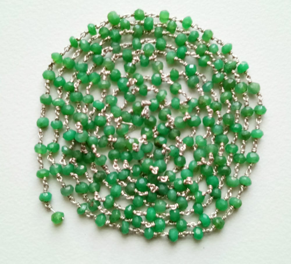 3-3.5mm Chrysoprase Wire Wrapped Faceted Rondelle Beads, Chain By The Foot, Rosary Style Beaded Chain, 925 Silver (1 Foot To 5 Feet Options)