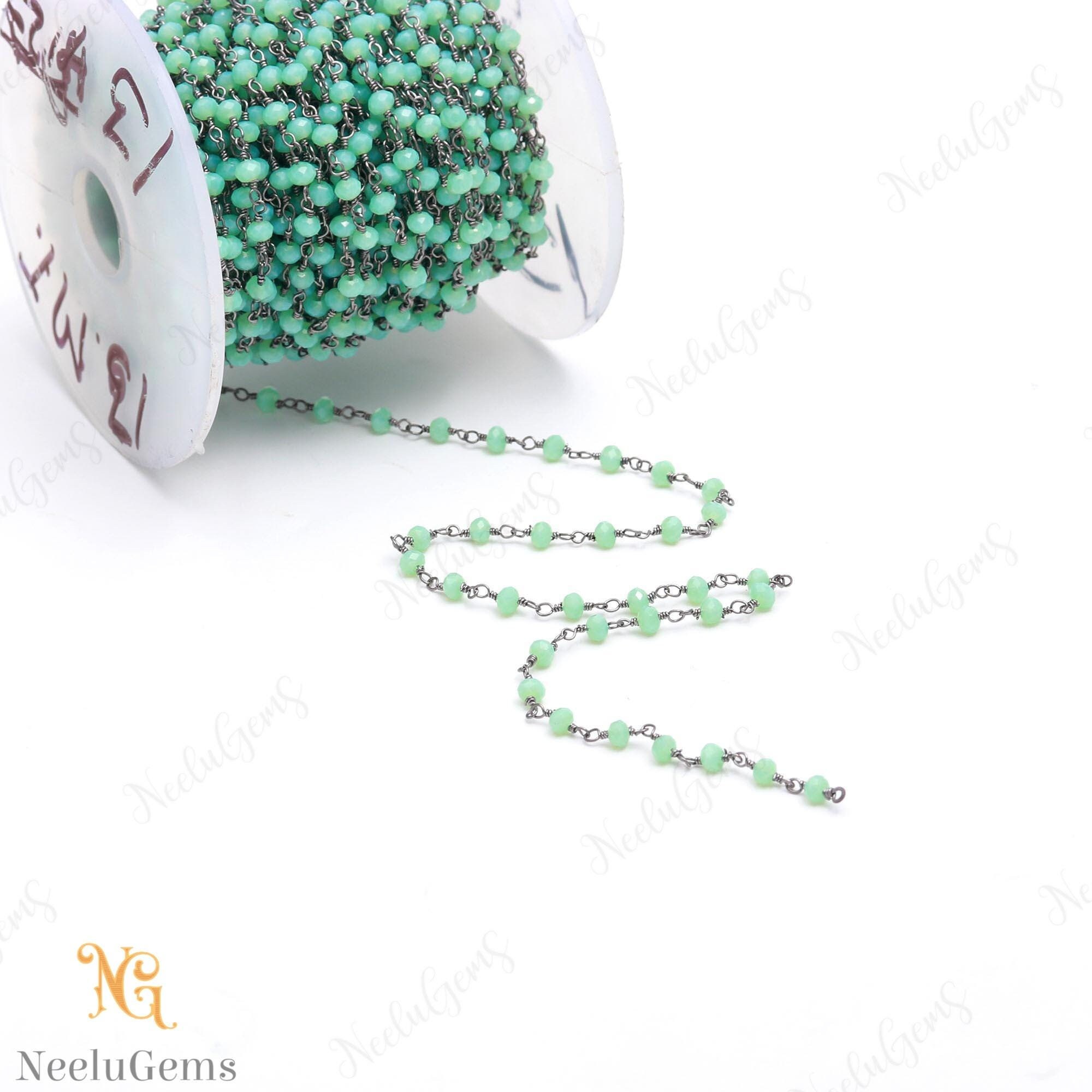 Beautiful Green Chrysoprase Hydro Rondelle Beads Chain,3 Mm Black Plated Wire Wrap Microcut Beaded Chain,rosary Chain For Handmade Jewelry