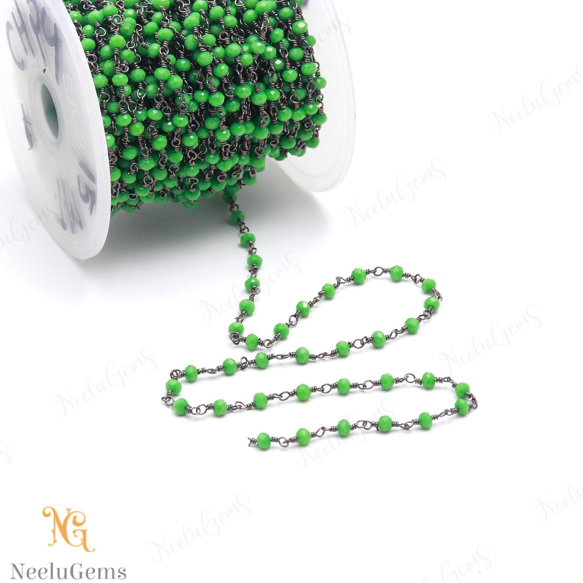 Beautiful Green Chrysoprase Hydro Rondelle Beads Chain,3 Mm Black Plated Wire Wrap Microcut Beaded Chain,rosary Chain For Handmade Jewelry