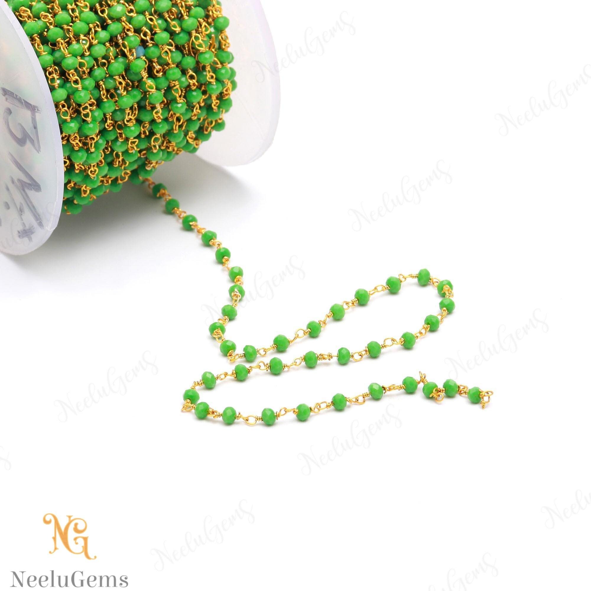 Beautiful Green Chrysoprase Hydro Rondelle Beads Chain,3 Mm Gold Plated Wire Wrap Microcut Beaded Chain,rosary Chain For Handmade Jewelry