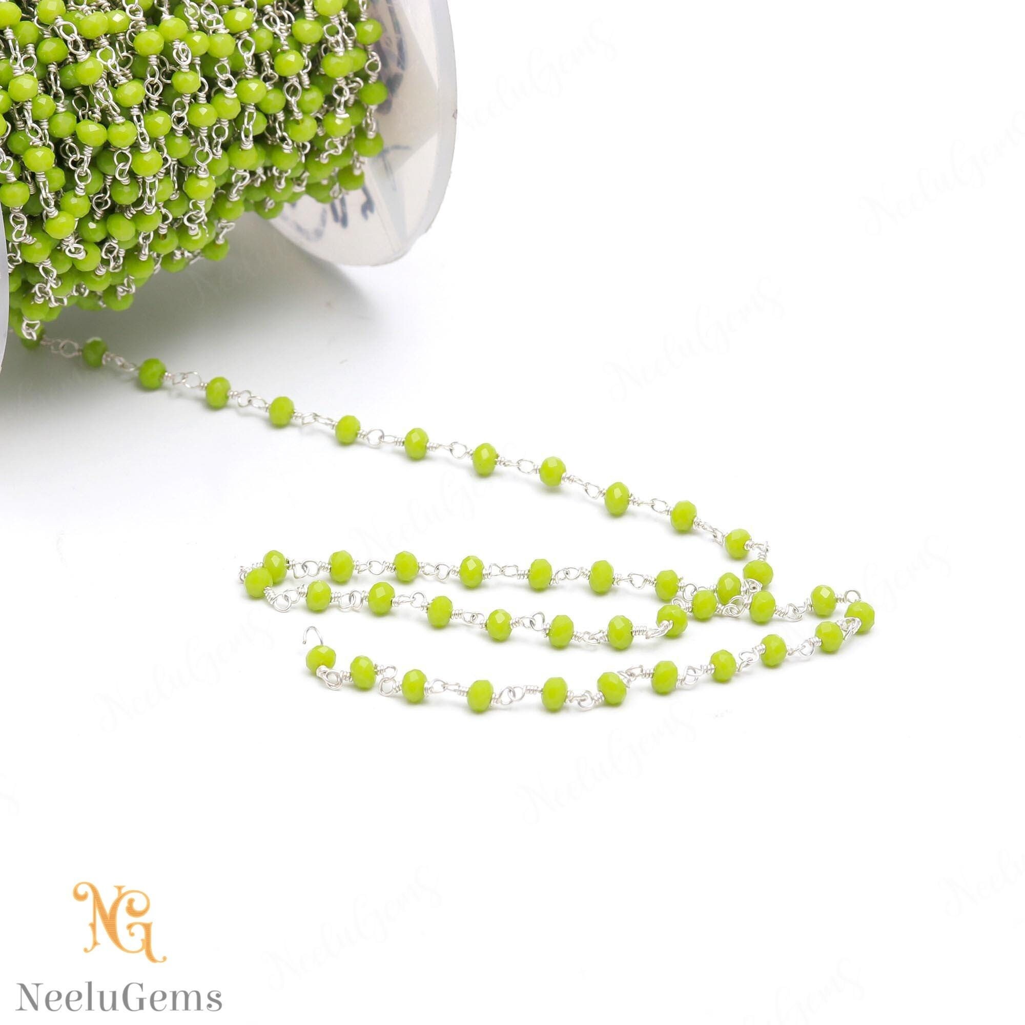 Beautiful Green Chrysoprase Hydro Rondelle Beads Chain,3 Mm Silver Plated Wire Wrap Microcut Beaded Chain,rosary Chain For Handmade Jewelry