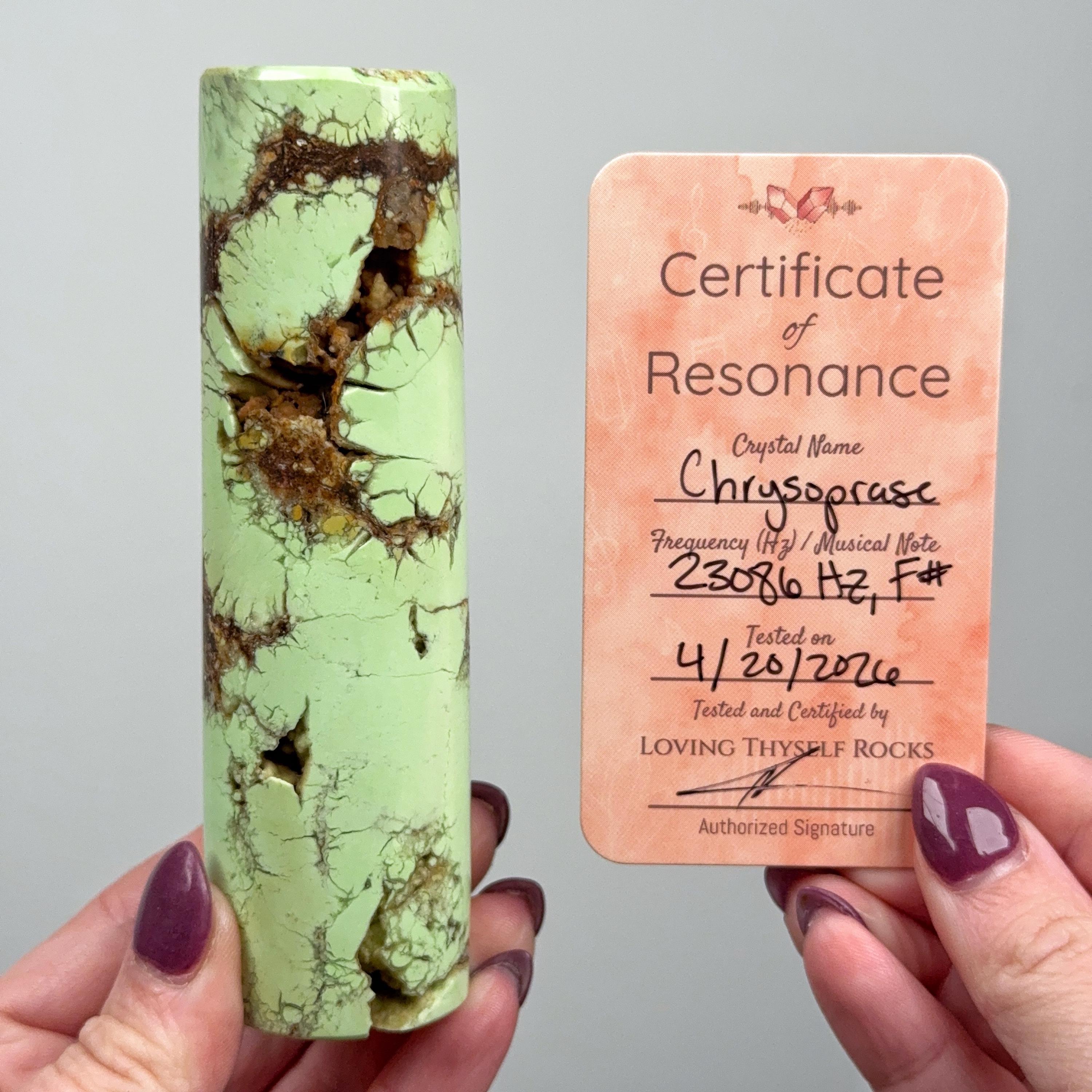 Frequency Tested - Chrysoprase Cylinder , 242g , - #2 (23086 Hz, F#, Green Crystal Meditation Stone)