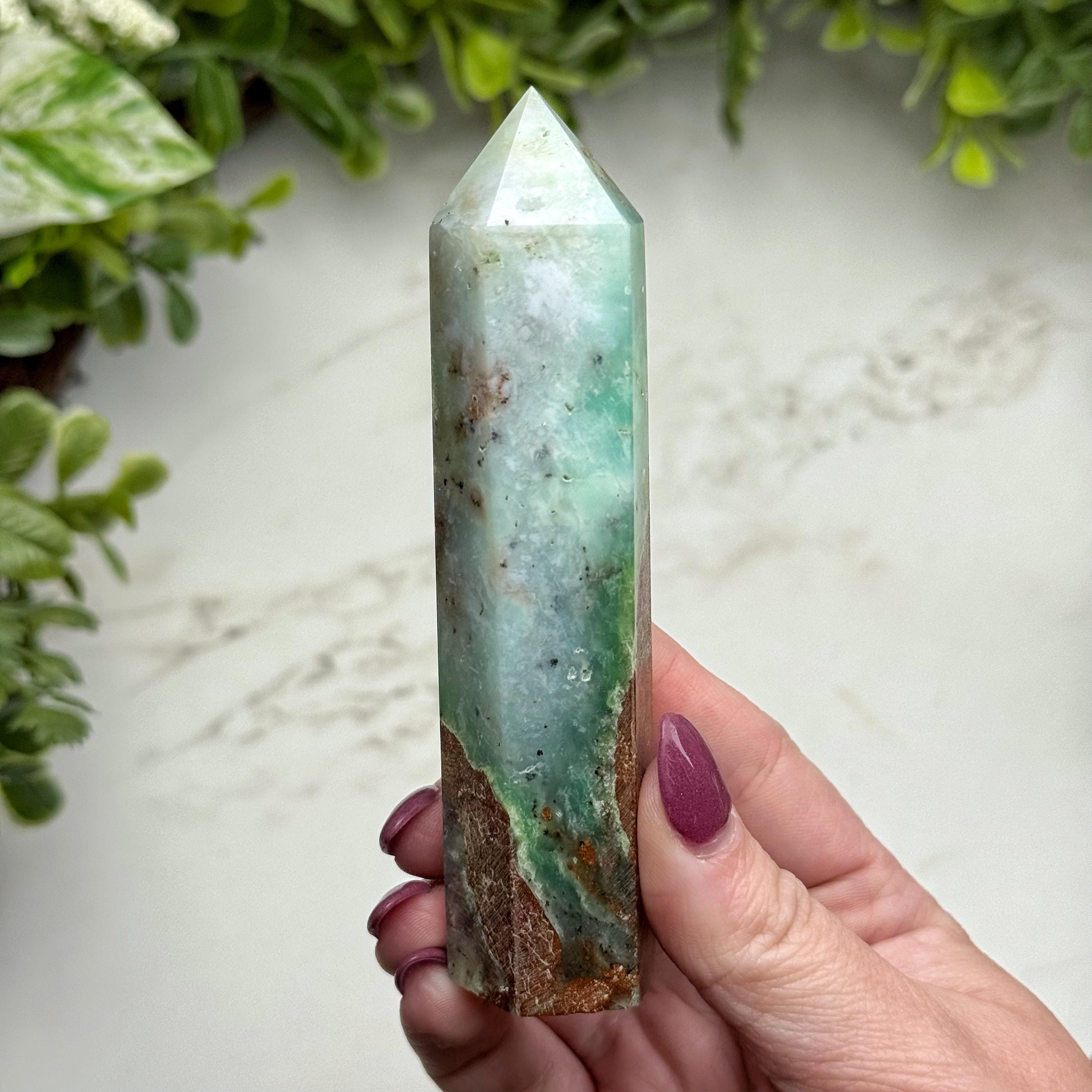 Chrysoprase Point | 115g | - #1 (polished Green Crystal Tower, Healing Stone, Heart Chakra, Love)