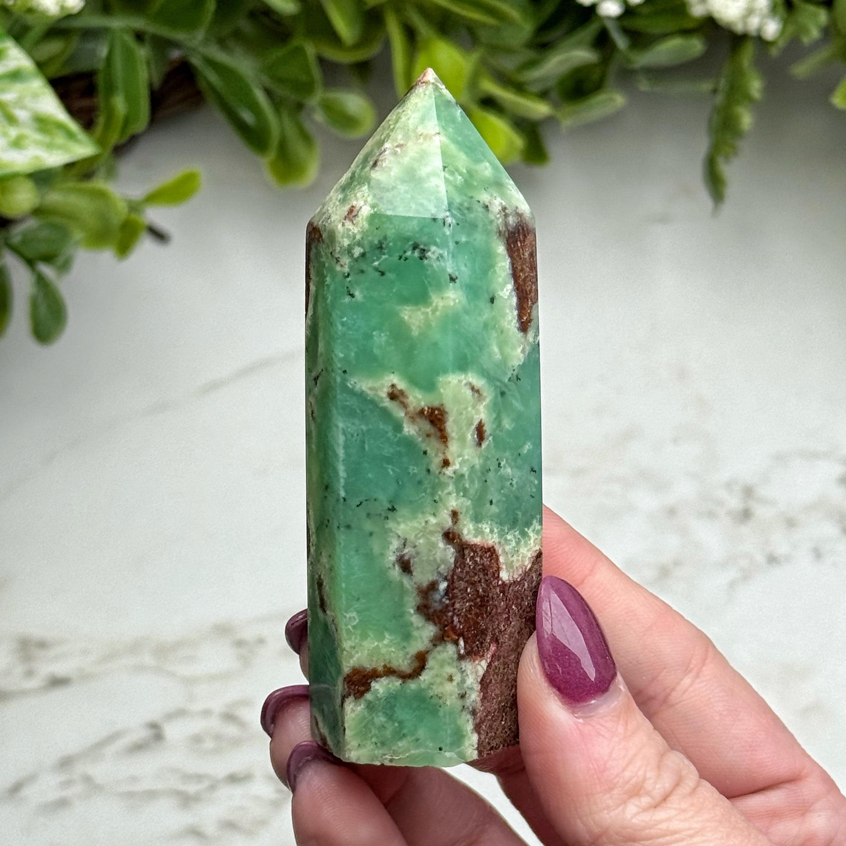 Chrysoprase Point | 88g | - #3 (polished Green Crystal Tower, Healing Stone, Heart Chakra, Love)