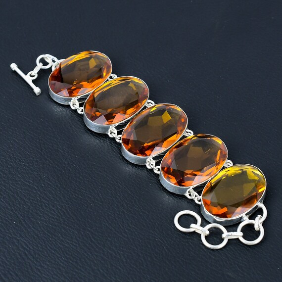Faceted Citrine Bracelet: Handmade 925 Sterling Silver Adjustable Chain