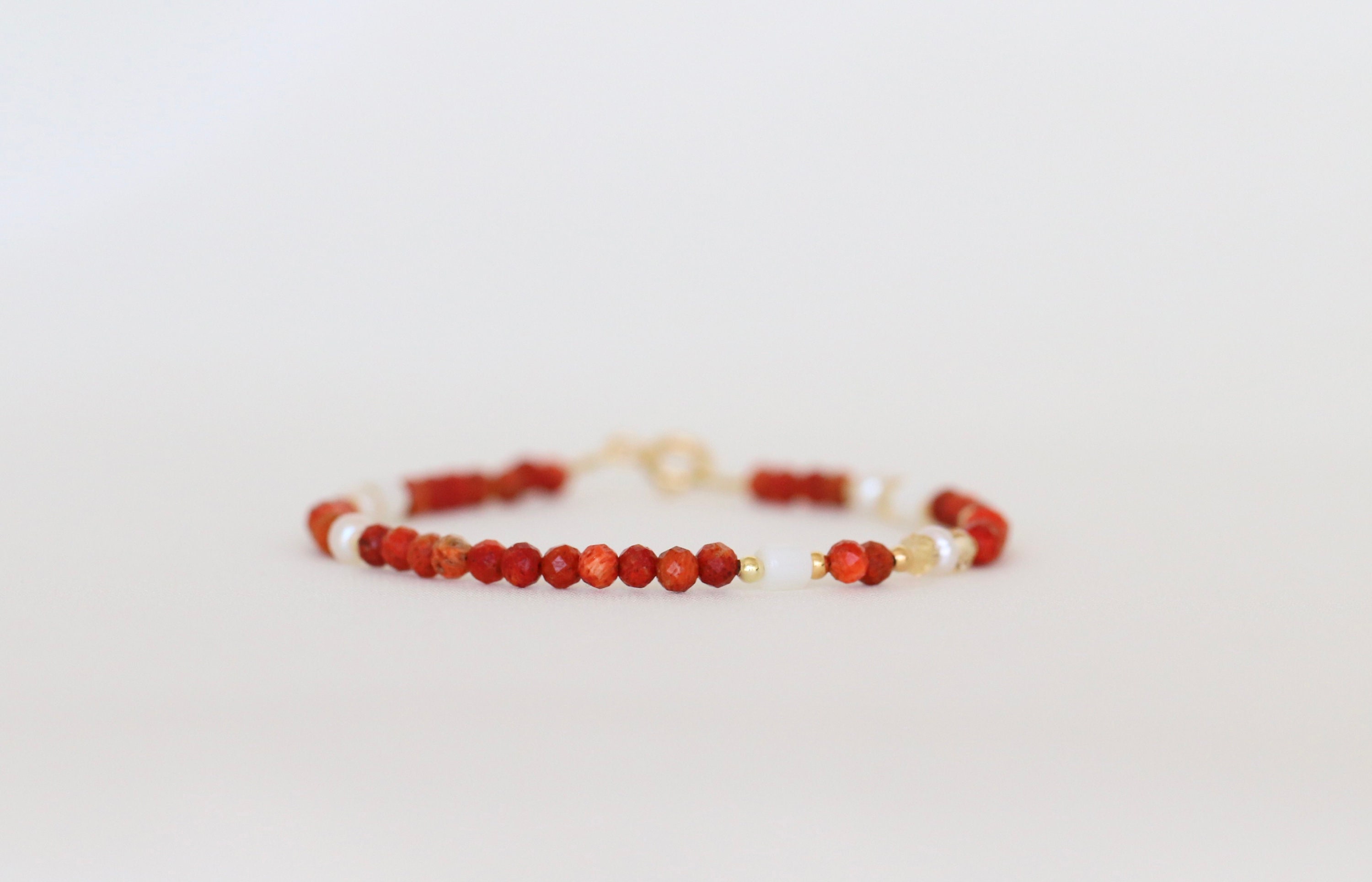 Genuine Red Italian Coral Bracelet 3mm With Citrine, Freshwater Pearls, Mother Of Pearls And 24k Gold Vermeil Accent Beads