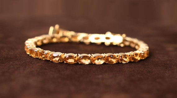 Madeira Citrine Tennis Bracelet: Oval Gemstone Bracelets, 14k Yellow Gold Plated Bracelet