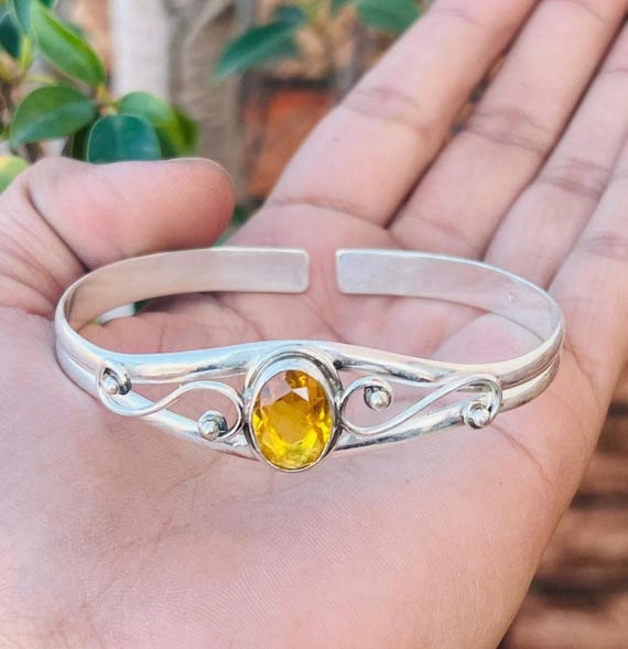 Natural Citrine Bangle, Solid 925 Sterling Silver, Adjustable Bangle, Valentines Gift