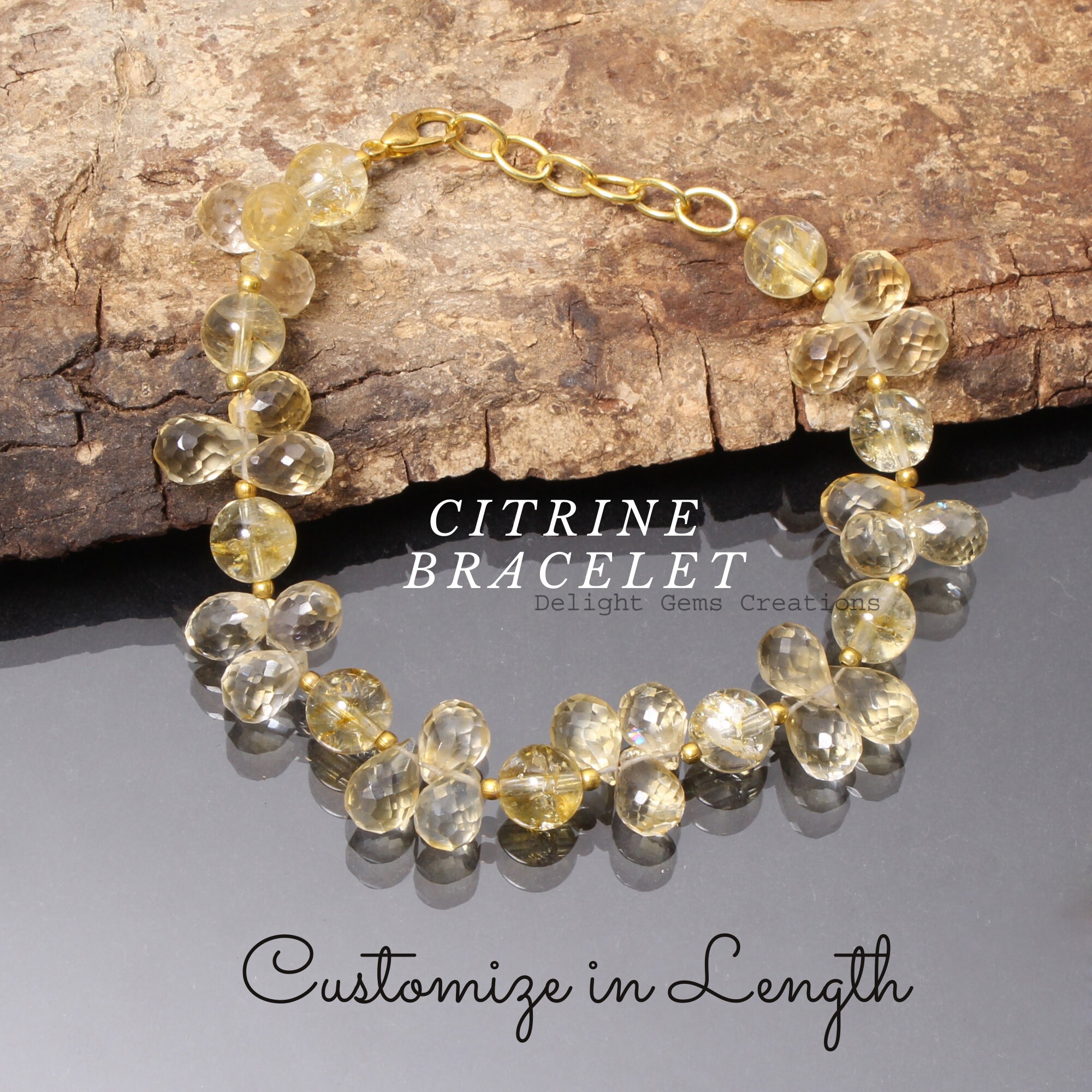 Natural Citrine Beaded Bracelet, Faceted & Round Gemstone, 8.5 Inches