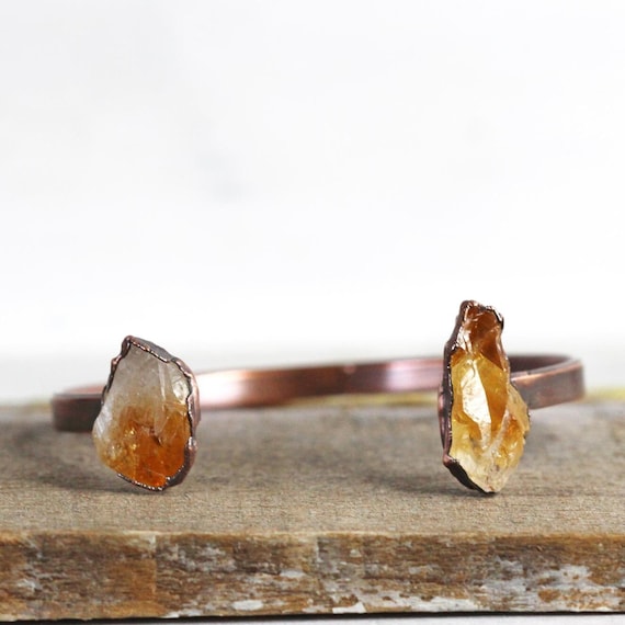 Citrine Bracelet - Open Copper Cuff - Raw Crystal Bracelet - Double Stone Bracelet Citrine Bracelet - Open Copper Cuff - Raw Crystal Bracelet - Double Stone Bracelet