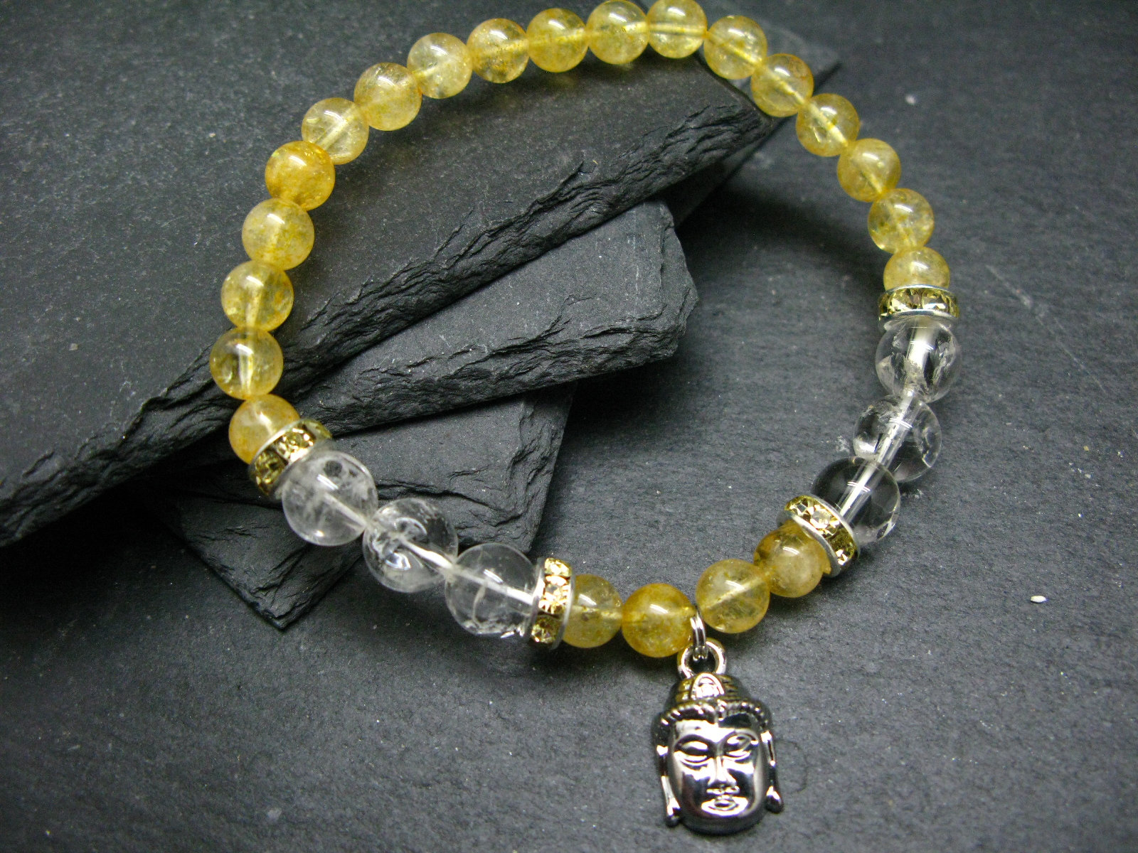 Citrine & Quartz Genuine Bracelet ~ 7 Inches  ~ 8mm Round Beads