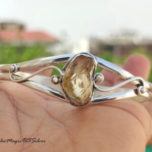 Raw Citrine Gemstone Bangle: Handmade 925 Sterling Silver Adjustable Cuff