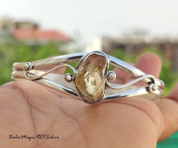 Raw Citrine Gemstone Bangle: Handmade 925 Sterling Silver Adjustable Cuff Raw Citrine Gemstone Bangle: Handmade 925 Sterling Silver Adjustable Cuff