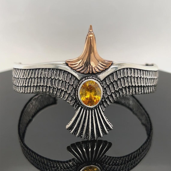 Sterling Silver Eagle Cuff Bracelet: Citrine Stone Bangle