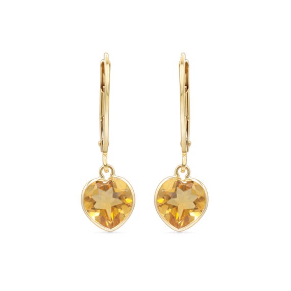 14k Gold Citrine Hearts, Genuine Citrine Hoop Earrings [eecm3004], Citrine 14k Gold Earrings, Gold Hearts With Citrine, 14k Gold *g