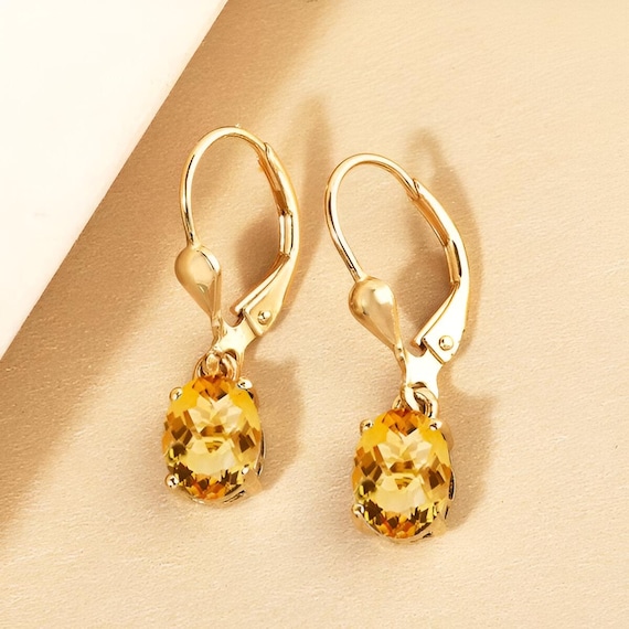 14k Gold Oval Citrine Leverback Earrings, Anniversary Gift