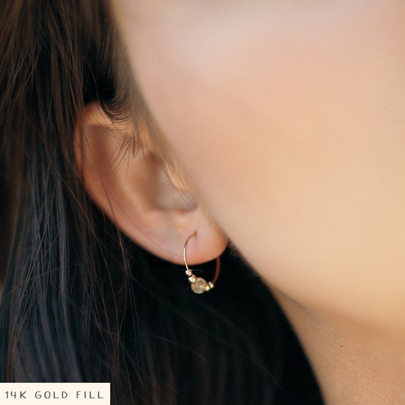 Dainty Citrine Gemstone Huggie Hoop Earrings - 14k Gold Fill