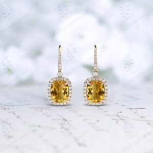 Citrine Dangle Drop For Her 925 Sterling Silver Citrine Gemstone Earrings Halo Design Wedding Earring Cushion Cut Citrine Bridal Dangle Drop