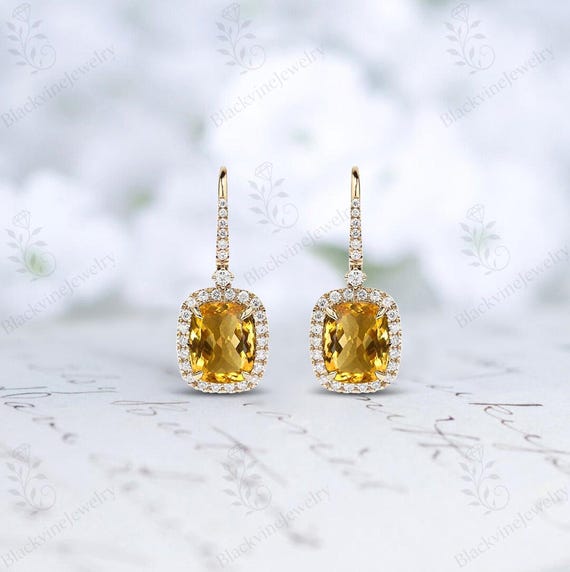 Citrine Dangle Drop For Her 925 Sterling Silver Citrine Gemstone Earrings Halo Design Wedding Earring Cushion Cut Citrine Bridal Dangle Drop
