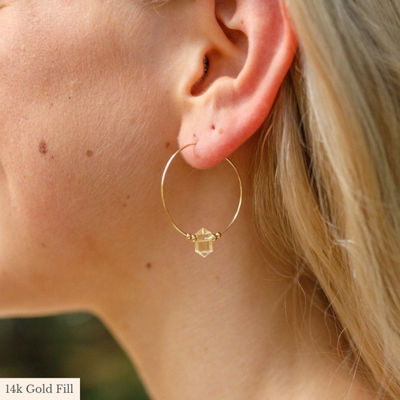 Double Terminated Citrine Hoop Earrings, 14k Gold Fill