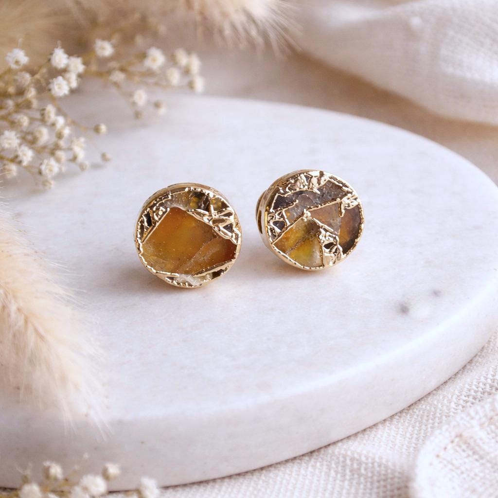 Gold Citrine Stud Earrings – Mojave Gemstone Post Earrings – Kintsugi Style Round Studs – November Birthstone Jewelry For Her