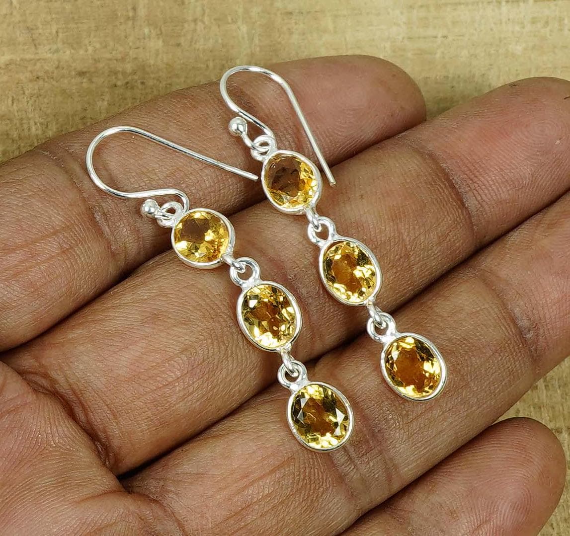 Handmade Citrine Earrings: 925 Sterling Silver, Faceted Gemstone