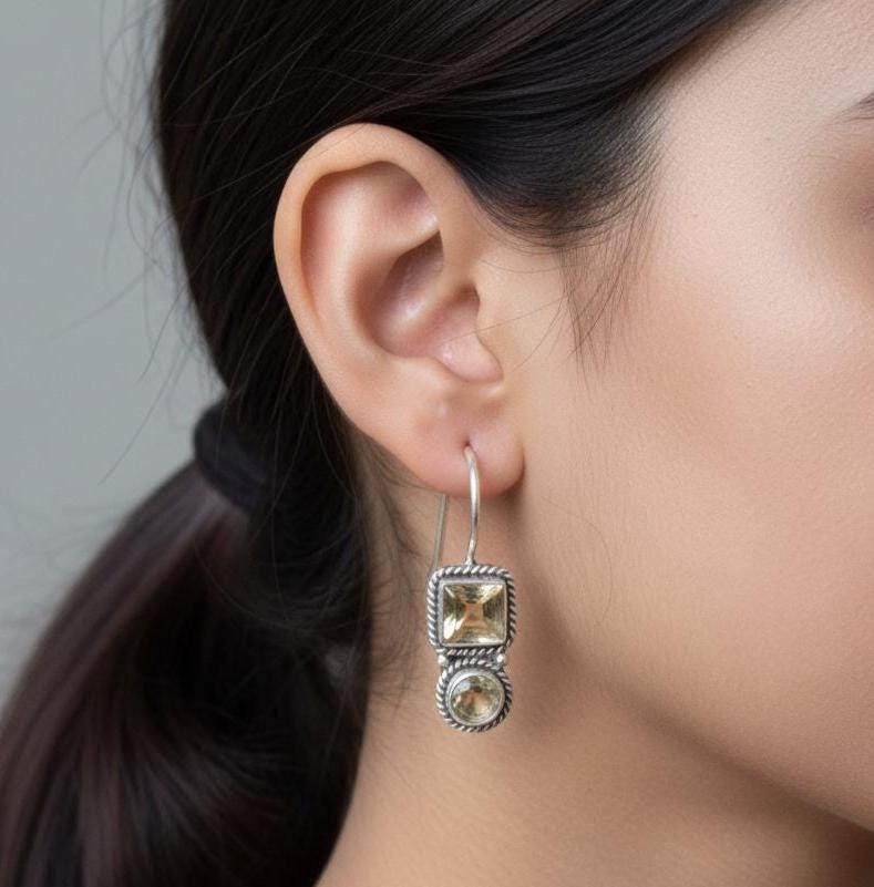 Handmade Yellow Citrine Sterling Silver Hook Earrings