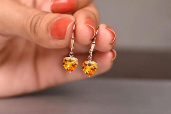Heart Shape Citrine Earrings, Women Dangle Earring, Leverback Earing, Bridal Jewelry, Anniversary Gifts