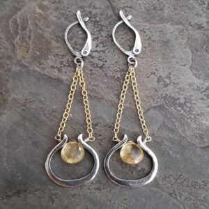 Citrine long dangle earrings with mixed metal gold and oxidized silver finish