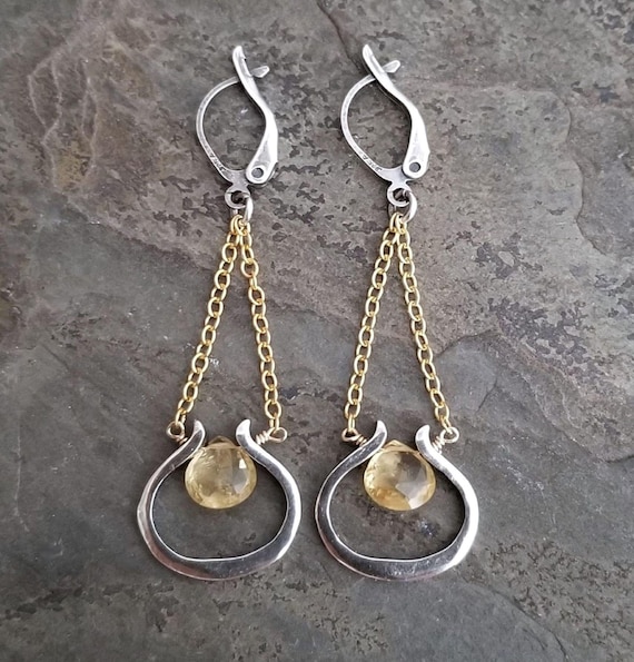 Citrine Long Dangle Earrings With Mixed Metal Gold And Oxidized Silver Finish