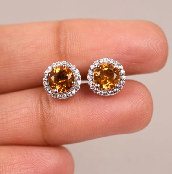 Madeira Citrine Stud Earrings - Sterling Silver Round Halo