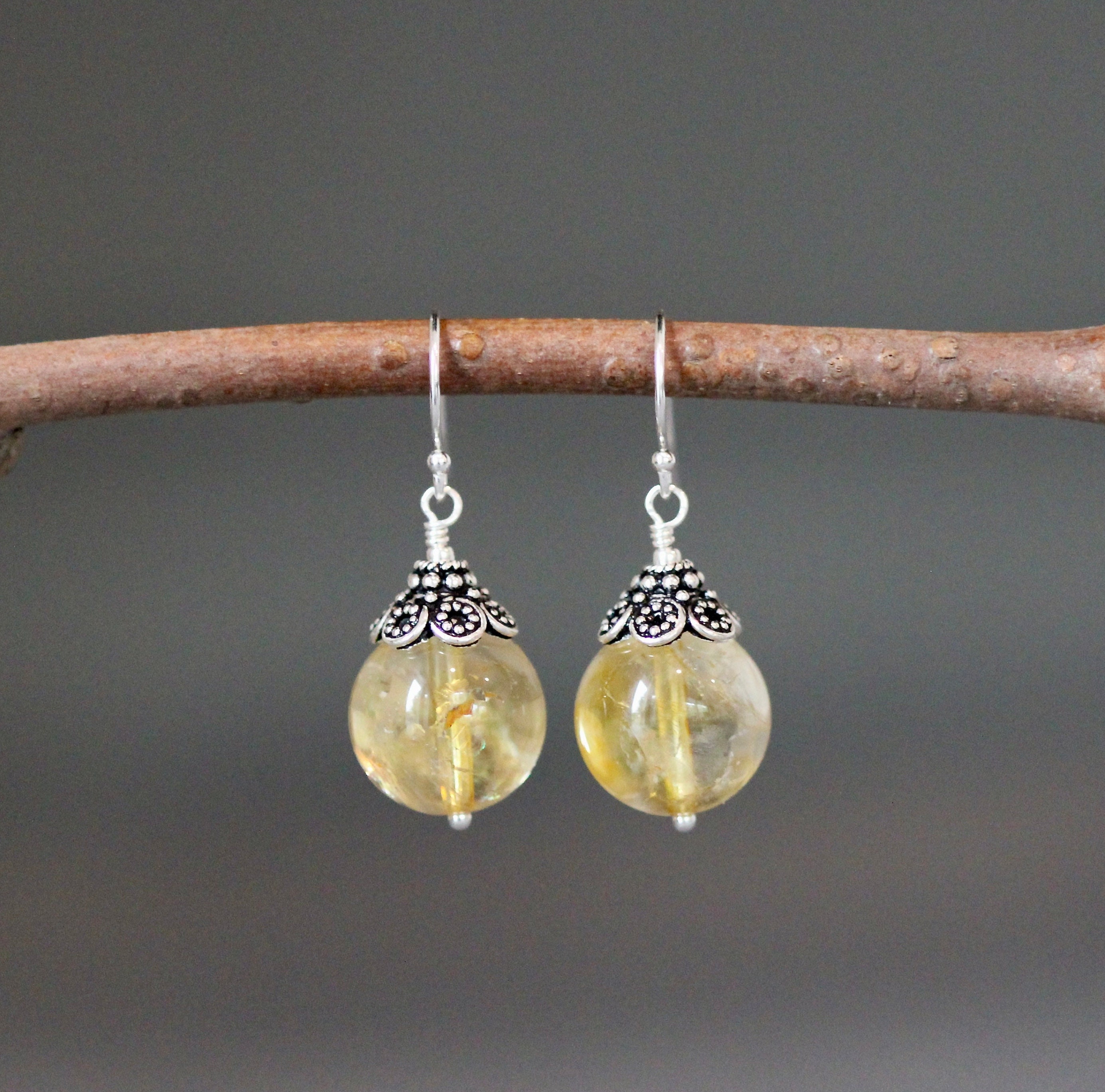 Natural Citrine Earrings - Yellow Gemstone Earrings - Silver Wire Wrapped Earrings - Bali Silver Earrings - Statement Jewelry