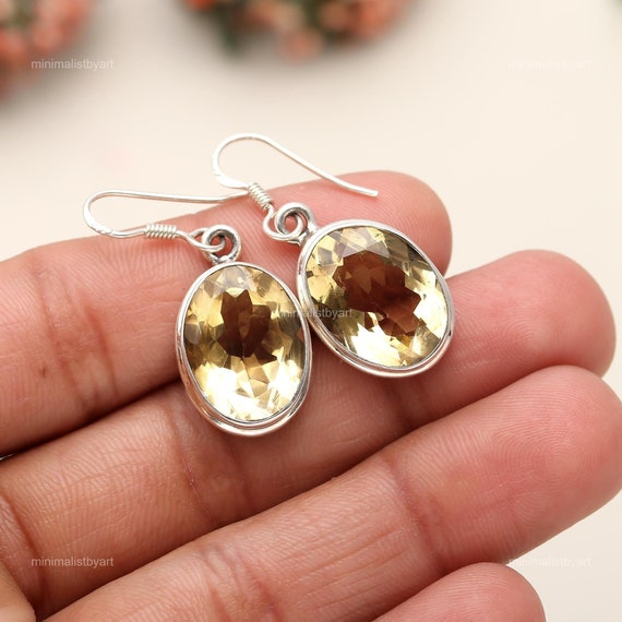 Oval Citrine Earrings: 925 Sterling Silver Dangle Drop Earrings