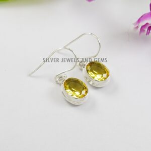 Oval Citrine Earrings, Handmade 925 Sterling Silver, Yellow Gemstone