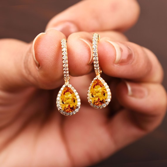 Pear Citrine Earrings Women Dangle Earring Halo Leverback Earing Bridal Jewelry Birthday Gifts