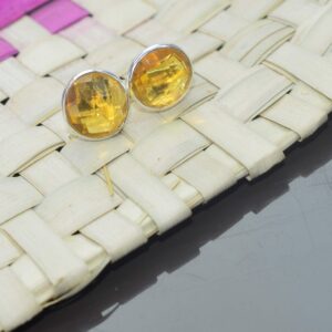 Citrine Quartz Stud Earrings: Round 925 Sterling Silver, 10mm