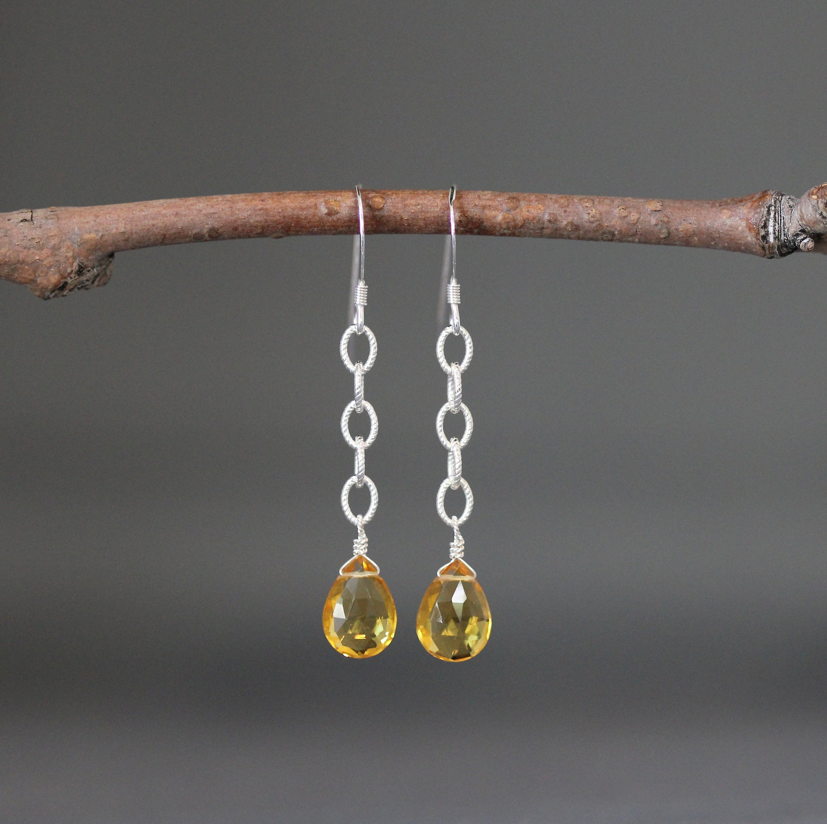 Citrine Quartz Earrings - Yellow Gemstone Earrings - Gemstone And Silver Earrings - Silver Chain Earrings - Long Dangle Earrings