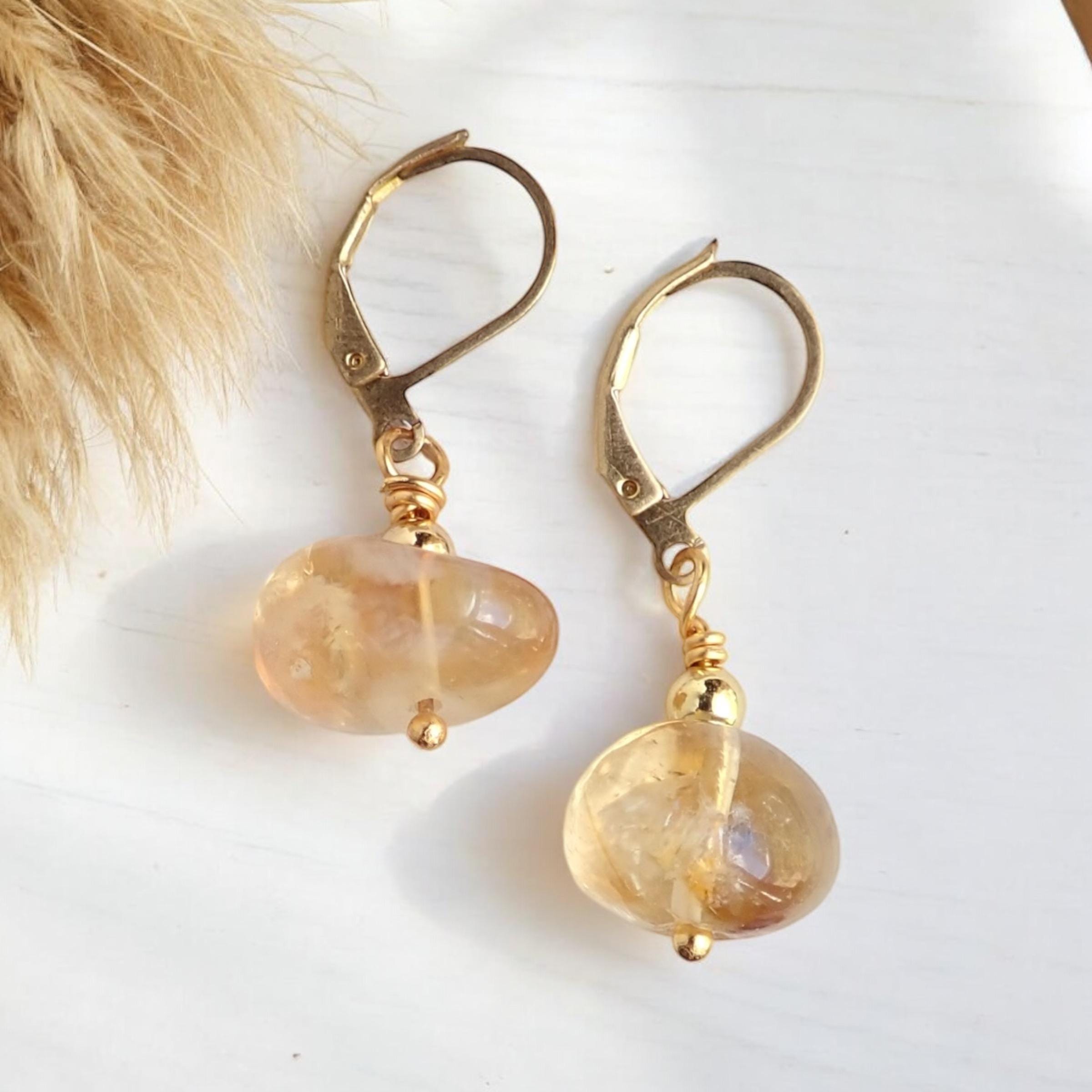 Raw Citrine Dangle Earrings 14k Gold, Genuine Citrine Jewelry,gemstone Lever Back Earrings,november Birthstone Gift For Her,crystal Earrings