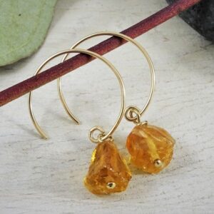 Raw Citrine Earrings | November Birthstone | Natural Citrine Hoops | 14k Gold Citrine Earrings for Men and Women | Orange Citrine Gemstone