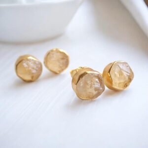 Raw Citrine Stud Earrings, Gold Vermeil Gemstone Studs, November Birthstone Posts, Citrine Jewelry For Her
