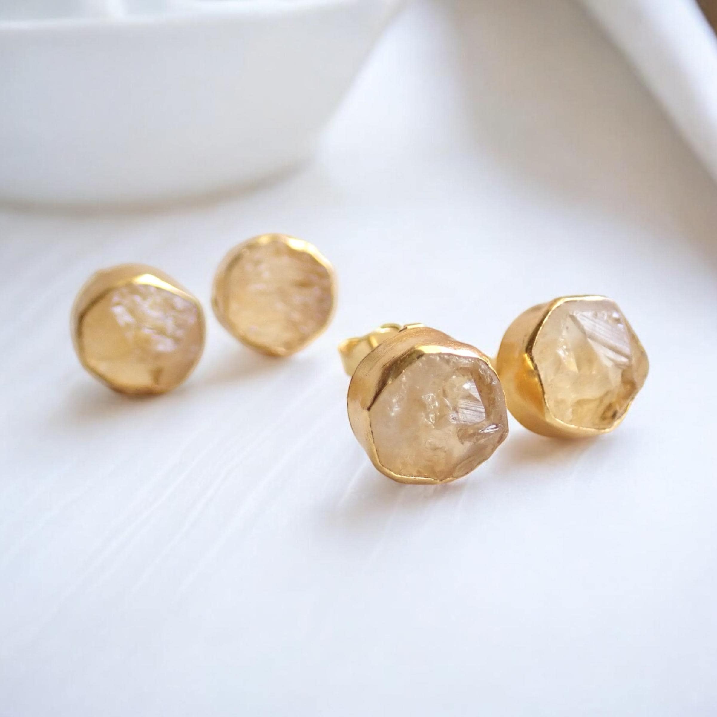 Raw Citrine Stud Earrings, Gold Vermeil Gemstone Studs, November Birthstone Posts, Citrine Jewelry For Her