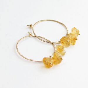 Small gold hoop earrings & raw citrine, raw crystal earrings, November birthstone, thin hoop earrings silver rose gold, boho gift for her