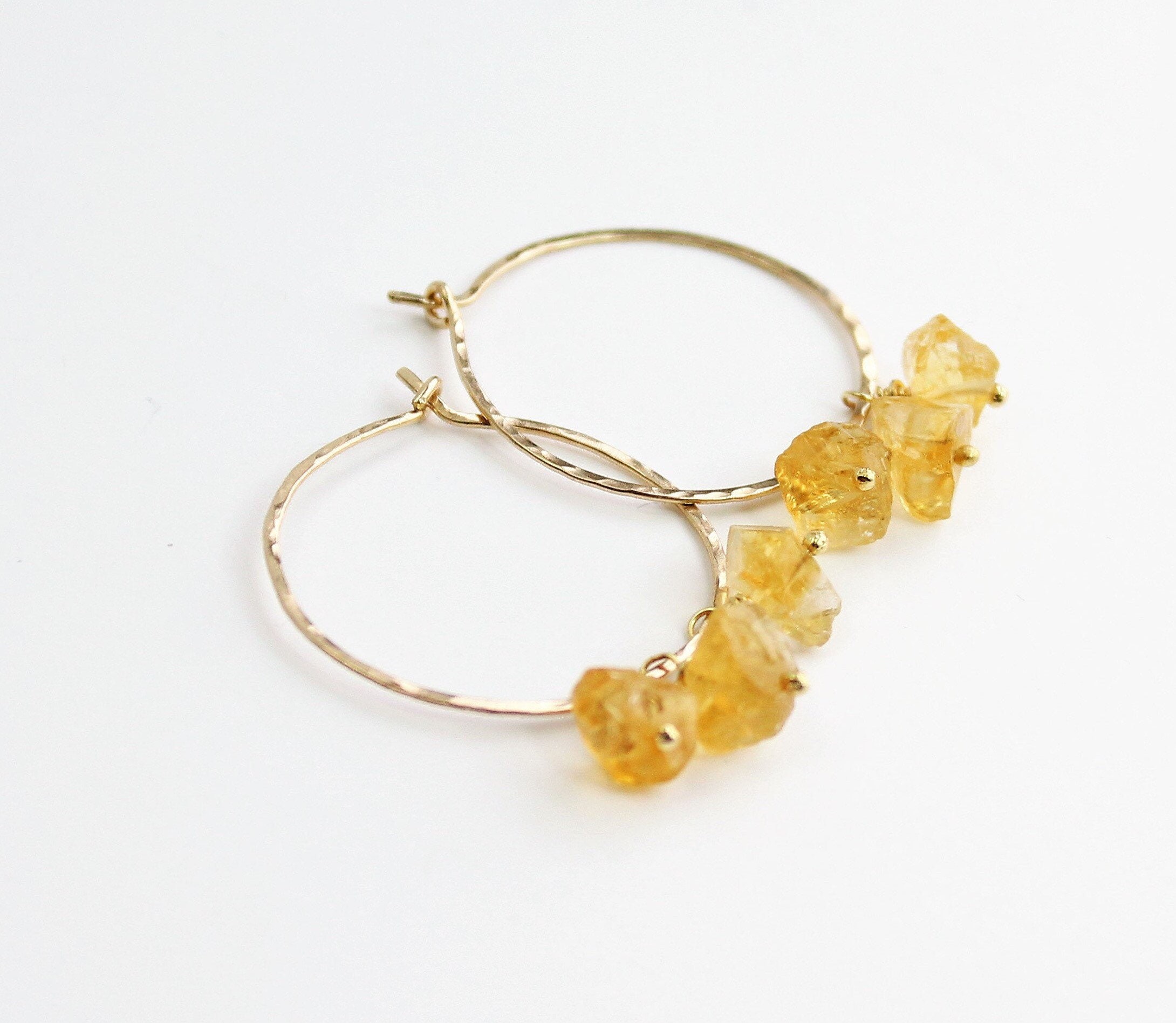 Small Gold Hoop Earrings & Raw Citrine, Raw Crystal Earrings, November Birthstone, Thin Hoop Earrings Silver Rose Gold, Boho Gift For Her