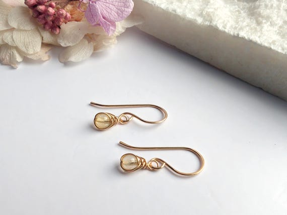 Citrine Earrings Sterling Silver, Dainty Wire Wrapped Citrine Earrings, Gift For Her, 14k Gold Filled, November Birthstone