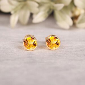 Citrine Stud Earrings: 14K White Gold & Silver earring, Round Cut Gemstone Earring, Anniversary gifts
