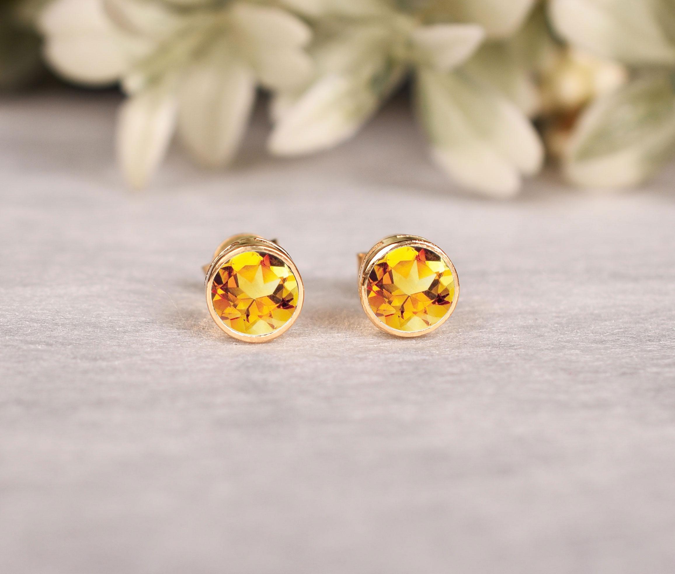 Citrine Stud Earrings: 14k White Gold & Silver Earring, Round Cut Gemstone Earring, Anniversary Gifts