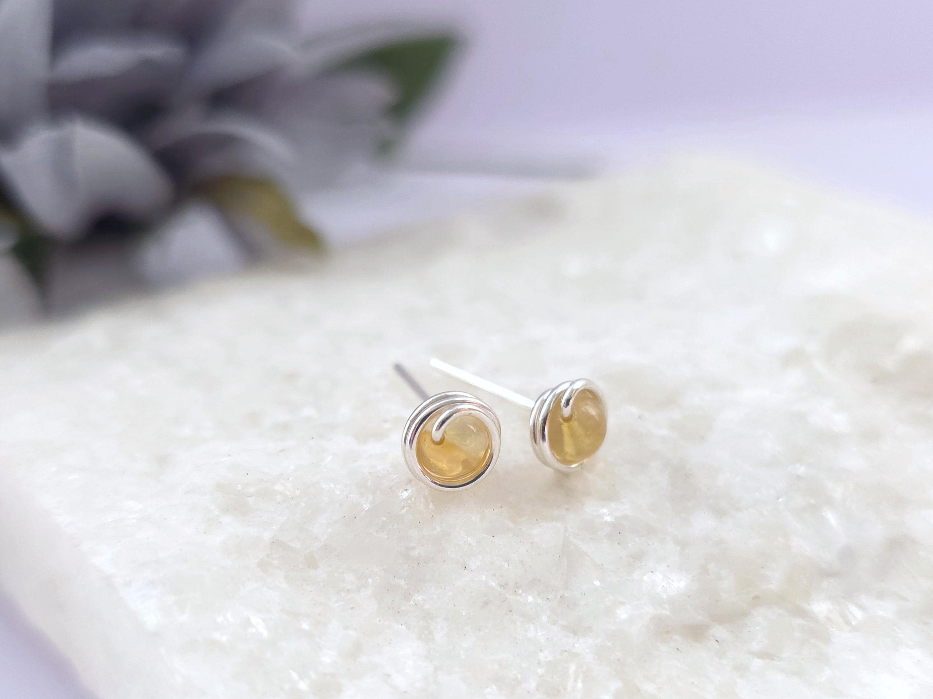 Citrine Stud Earrings Sterling Silver 14k Gold Filled November Birthstone Jewellery Wire Wrapped Gift For Her Dainty Earring Studs
